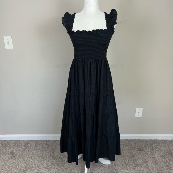 CAARA CALYPSO TIERED MIDI SUNDRESS SMOCKED BODICE FLUTTER STRAPS BLACK LARGE - Picture 13 of 15